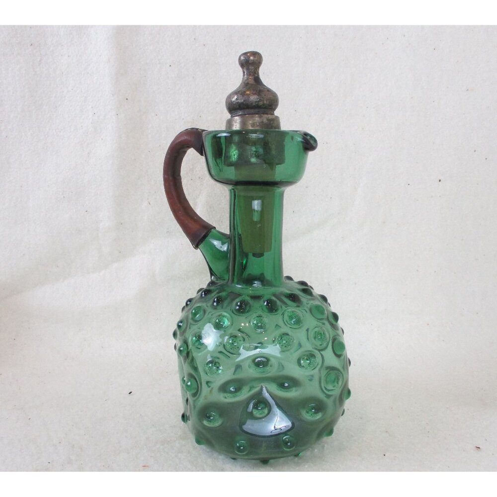 Knob Style Decanter Pitcher stopper medium Midcentury cruet‎ green glass caster